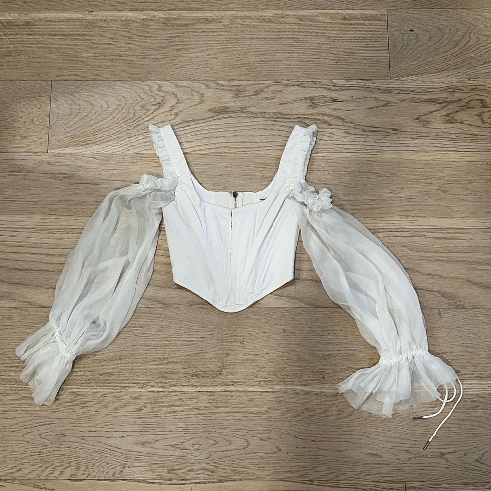 House of CB White Corset Blouse with Sheer Sleeves